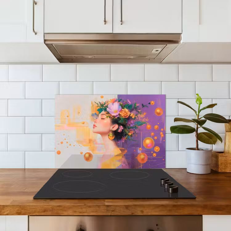 Kitchen splashback for hob - Abstract - Woman - Crown of Flowers - Gold — 3