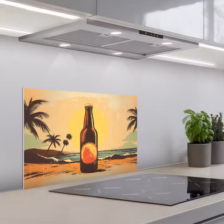 Kitchen splashback for hob - Beer bottle - Sunset - Palm trees - Sea — 1