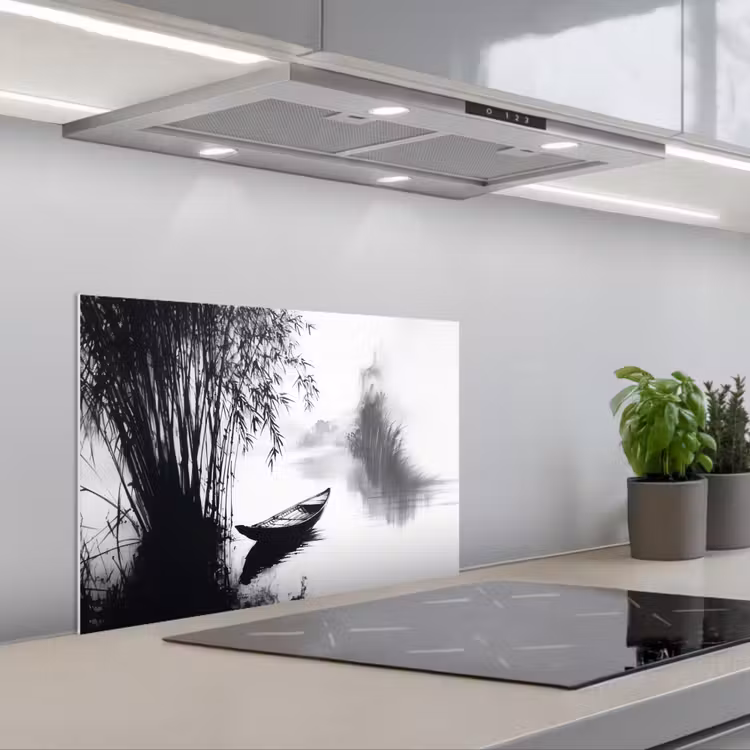 Kitchen splashback for hob - Boat - River - Bamboo - White — 1