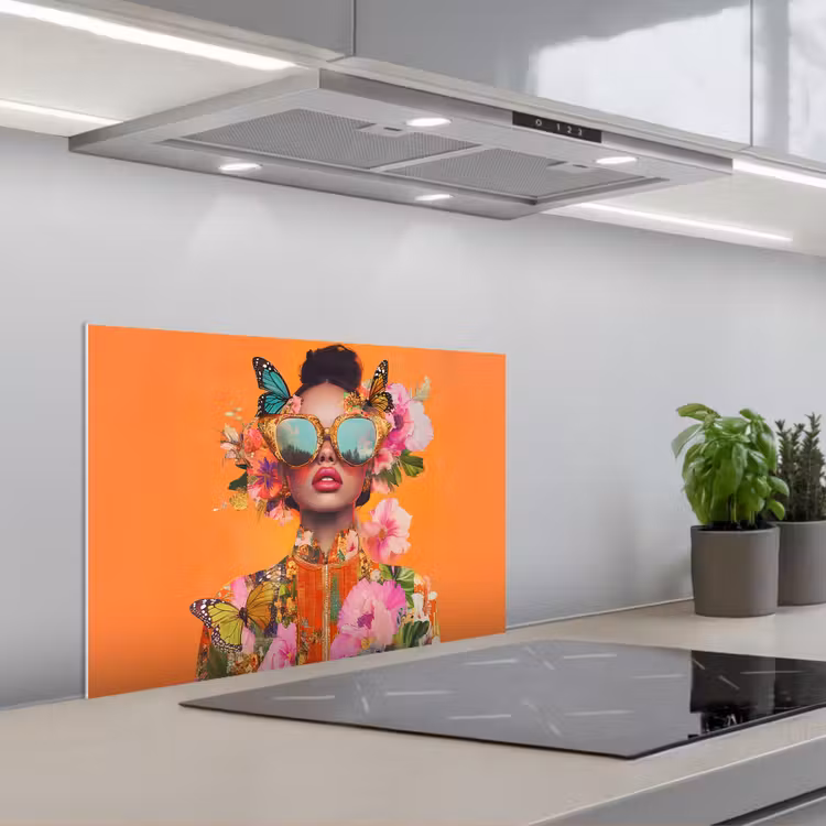 Kitchen splashback for hob - Butterflies - Woman - Sunglasses - Colorful — 1