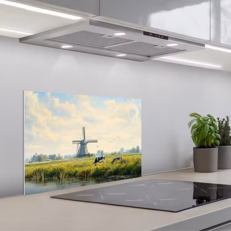 Kitchen splashback for hob - Cows - Windmill - Meadow - Blue — 1