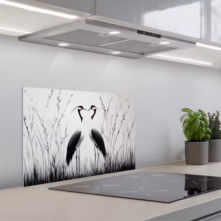Kitchen splashback for hob - Crane - Grass - Heart Shape - Black — 1
