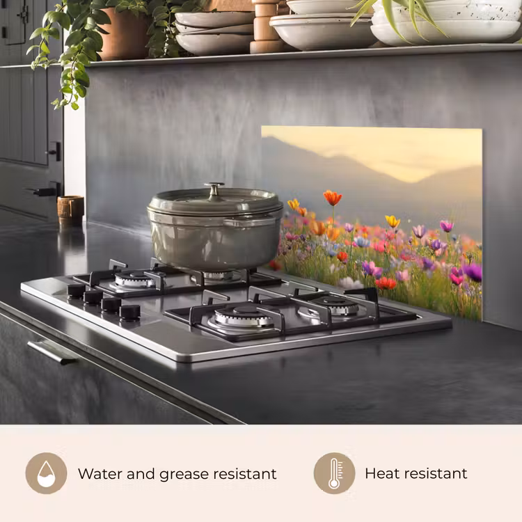 Kitchen splashback for hob - Field of flowers - Mountains - Sunlight - Flowers — 2