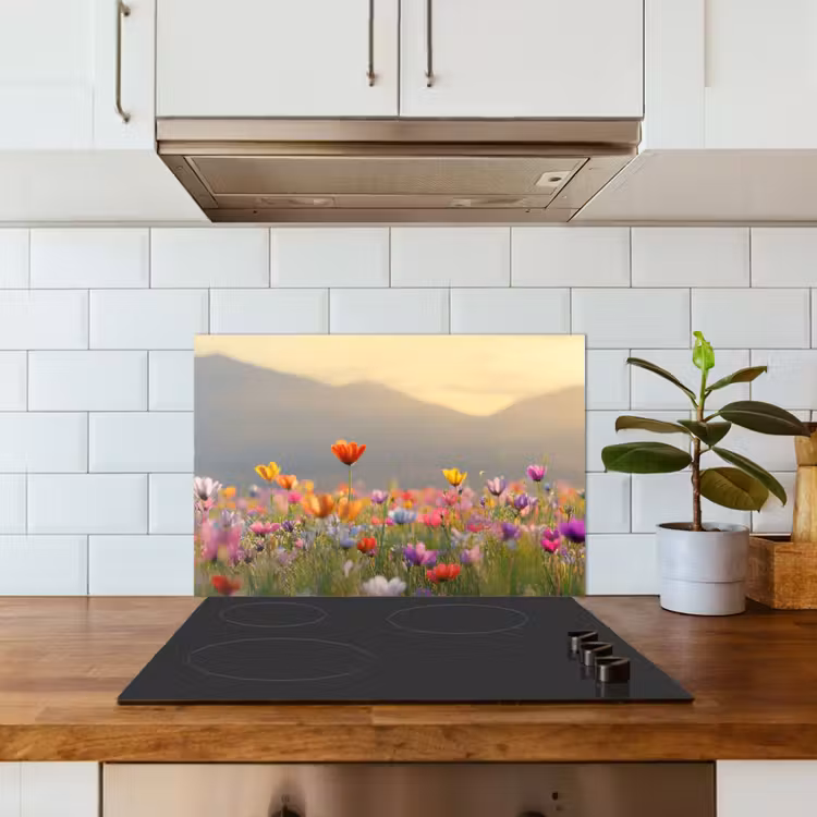 Kitchen splashback for hob - Field of flowers - Mountains - Sunlight - Flowers — 3