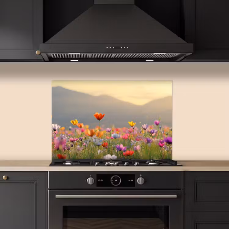 Kitchen splashback for hob - Field of flowers - Mountains - Sunlight - Flowers — 5