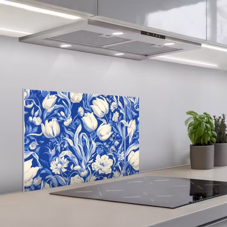 Kitchen splashback for hob - Flowers - Delft Blue - Pattern - Tulip — 1