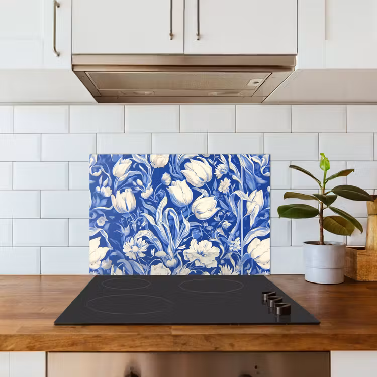 Kitchen splashback for hob - Flowers - Delft Blue - Pattern - Tulip — 3
