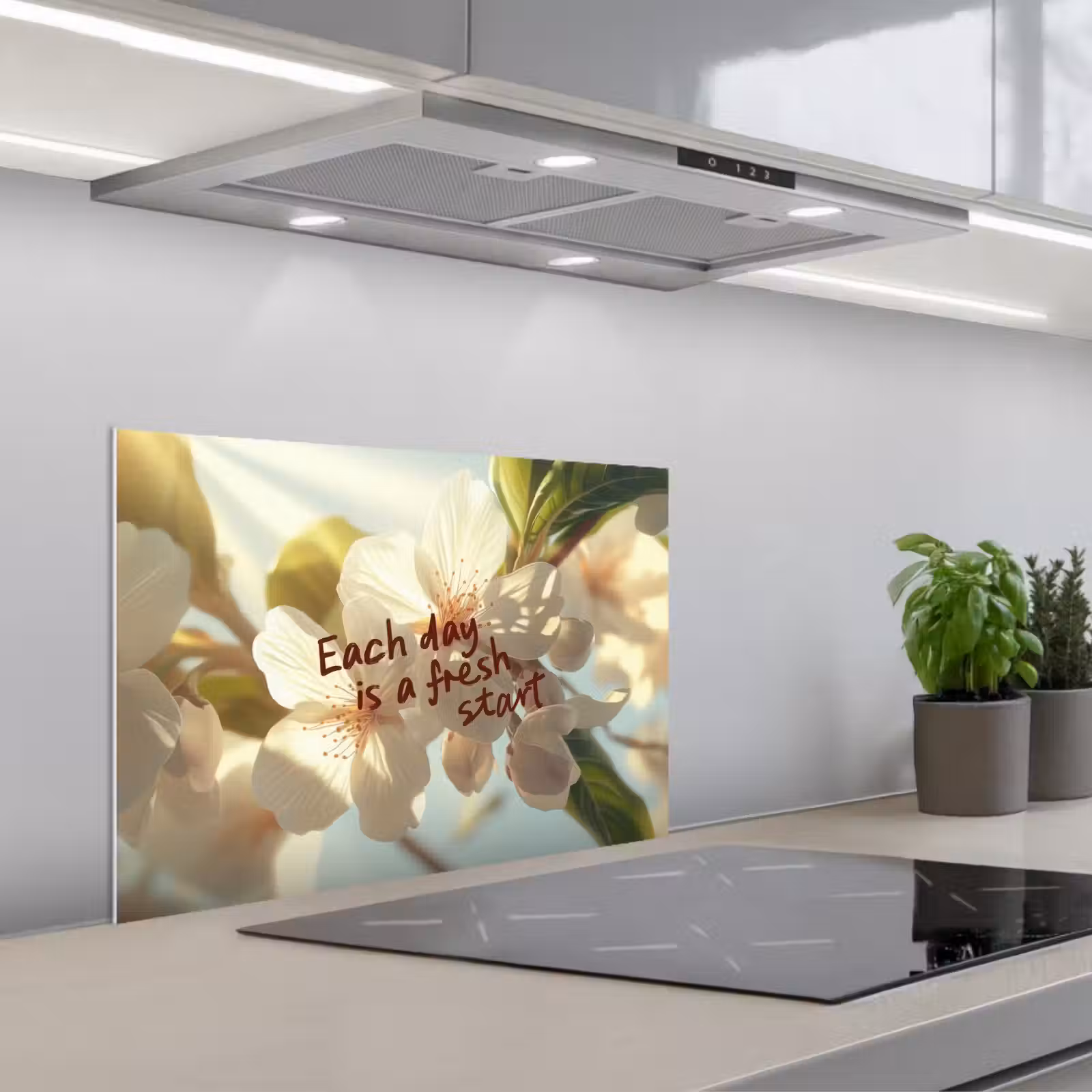Kitchen splashback for hob - Blossoms - Sunlight - Quote - White — 1
