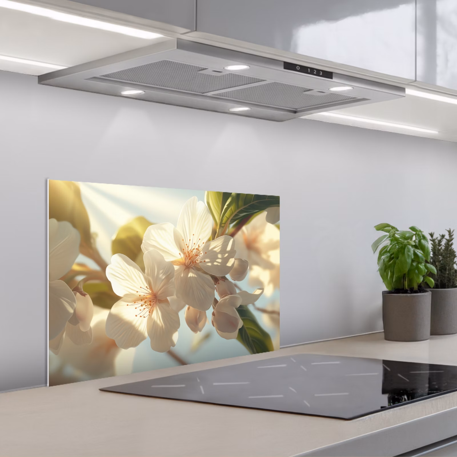 Kitchen splashback for hob - Blossoms - White - Sunbeams - Petals — 1