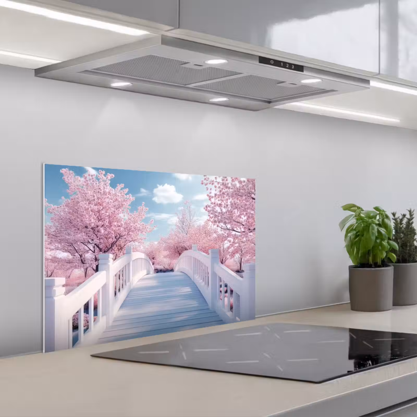 Kitchen splashback for hob - Bridge - Cherry Trees - White — 1