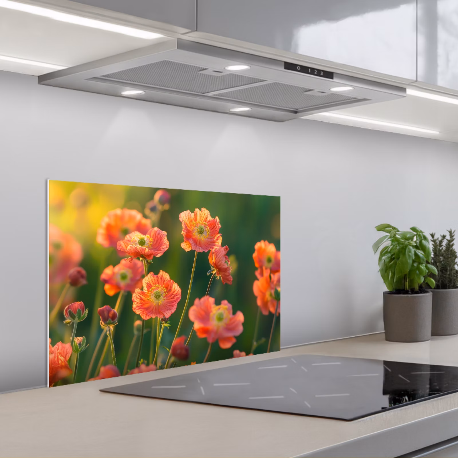 Kitchen splashback for hob - Field of flowers - Sunbeams - Orange — 1