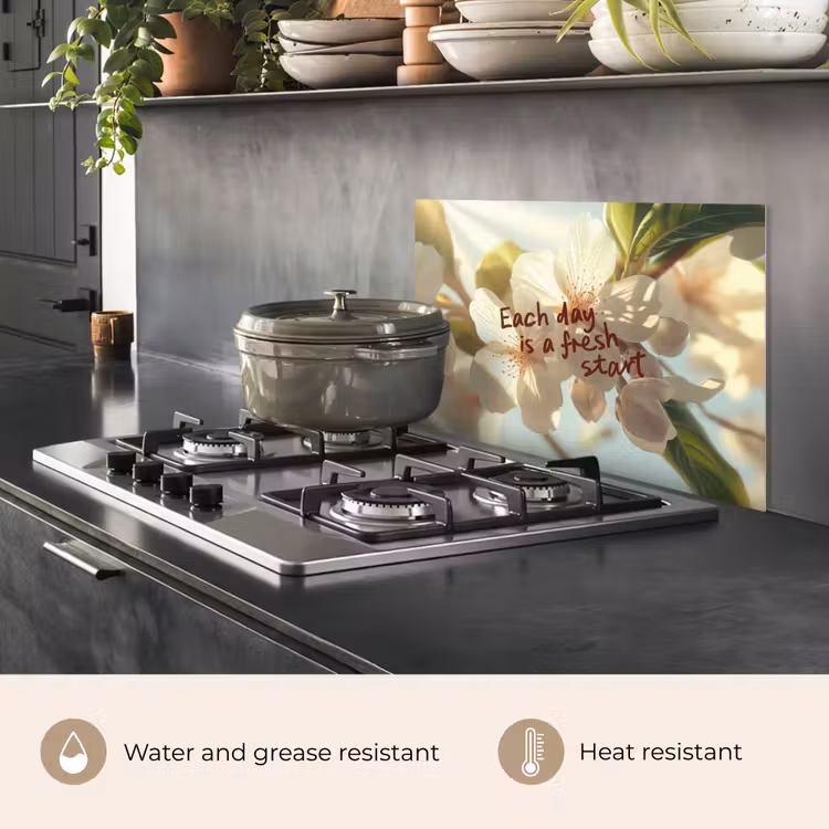 Kitchen splashback for hob - Blossoms - Sunlight - Quote - White — 2