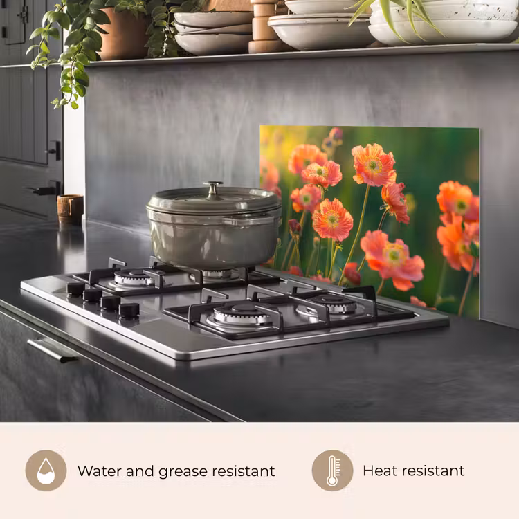 Kitchen splashback for hob - Field of flowers - Sunbeams - Orange — 2