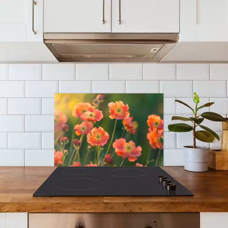 Kitchen splashback for hob - Field of flowers - Sunbeams - Orange — 3