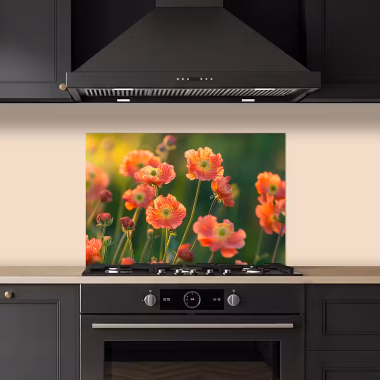 Kitchen splashback for hob - Field of flowers - Sunbeams - Orange — 5