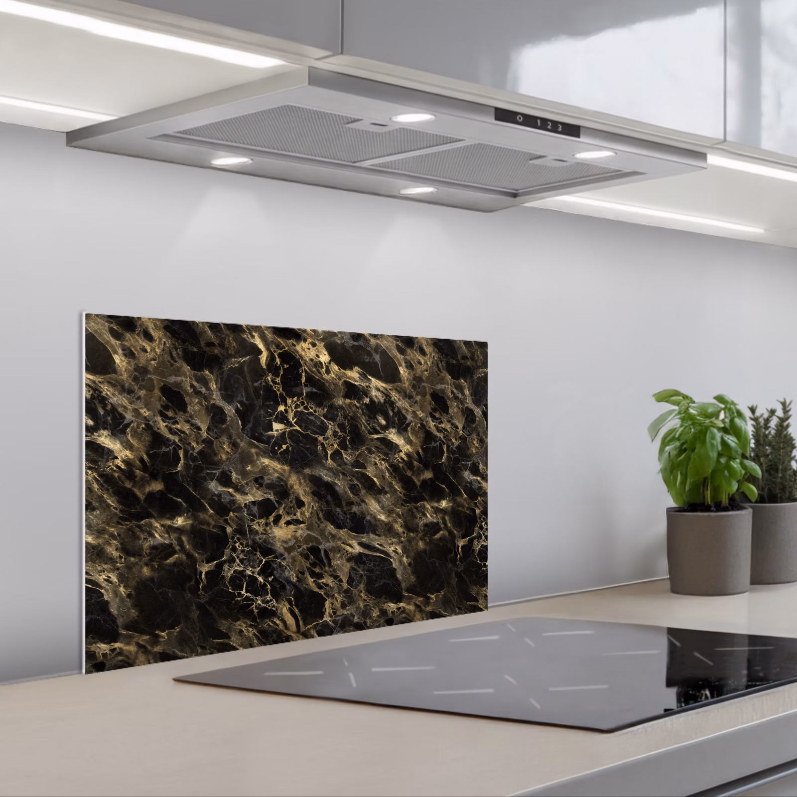 Kitchen splashback for hob - Crystal - Gold - Black - Marble — 1