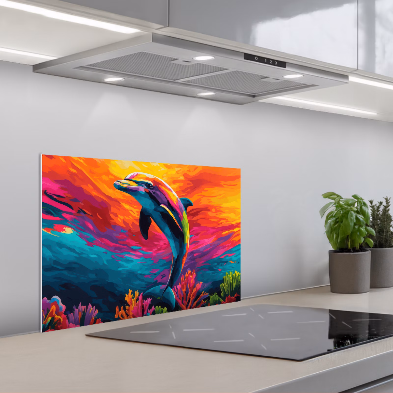 Kitchen splashback for hob - Dolphin - Colorful - Ocean - Coral — 1