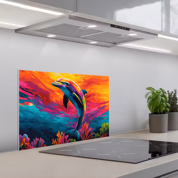 Kitchen splashback for hob - Dolphin - Colorful - Ocean - Coral — 1