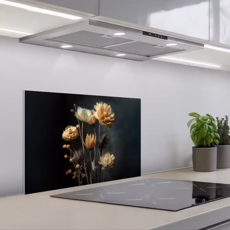 Kitchen splashback for hob - Bouquet - Flowers - Light - Black — 1
