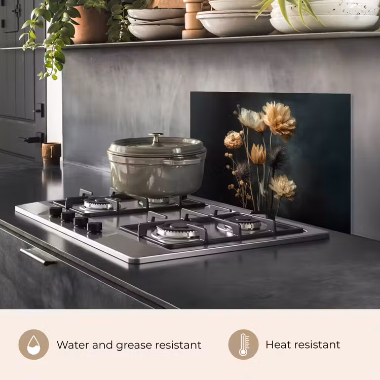 Kitchen splashback for hob - Bouquet - Flowers - Light - Black — 2