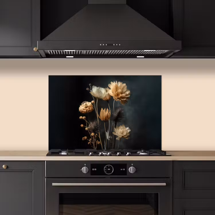 Kitchen splashback for hob - Bouquet - Flowers - Light - Black — 5