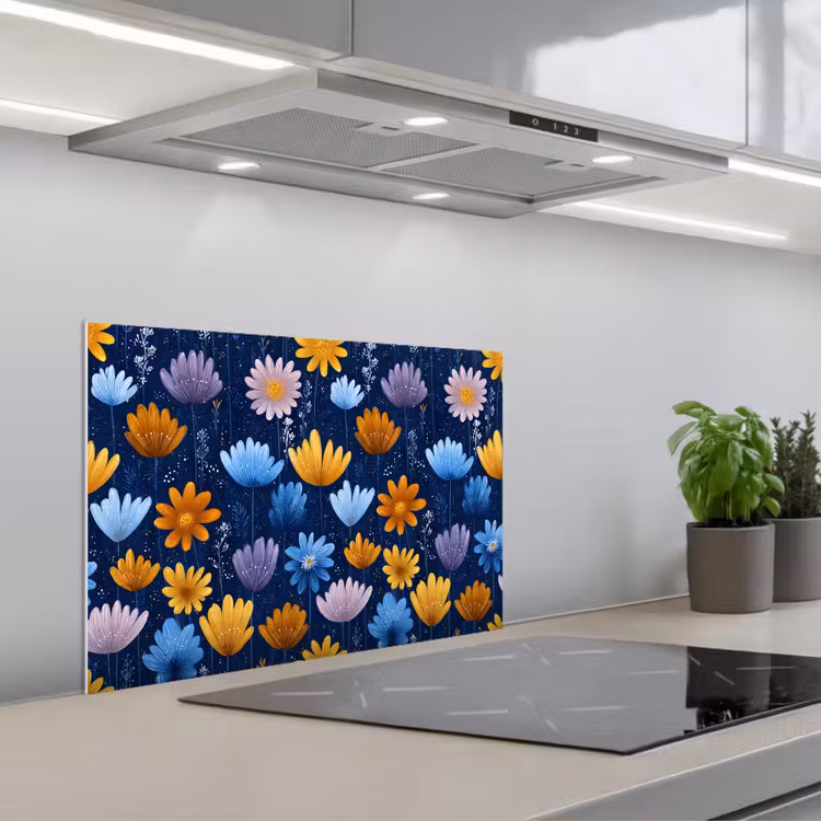 Kitchen splashback for hob - Flowers - Pattern - Blue - Contrast — 1
