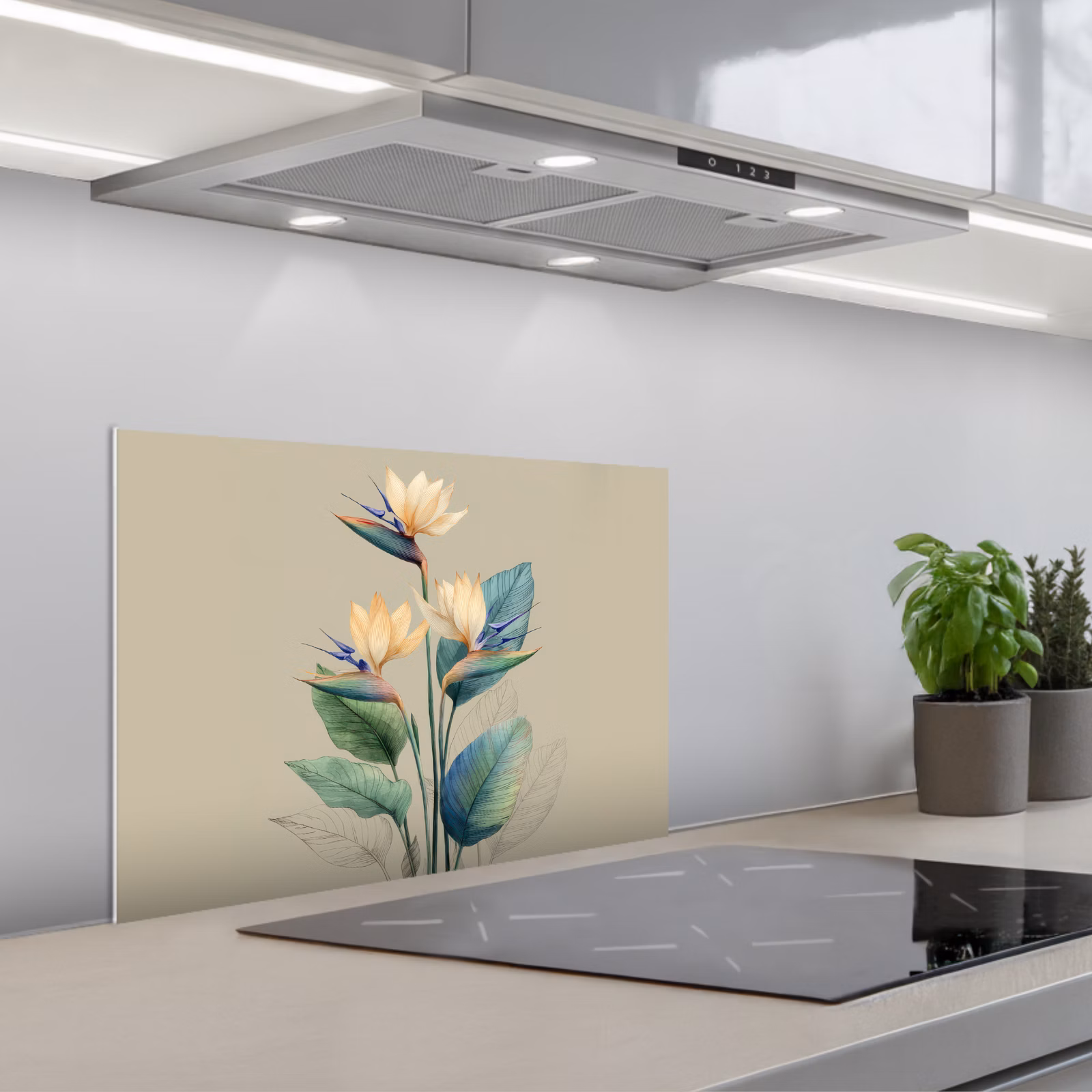 Kitchen splashback for hob - Bird of paradise flowers - Blue-green leaves - Beige — 1