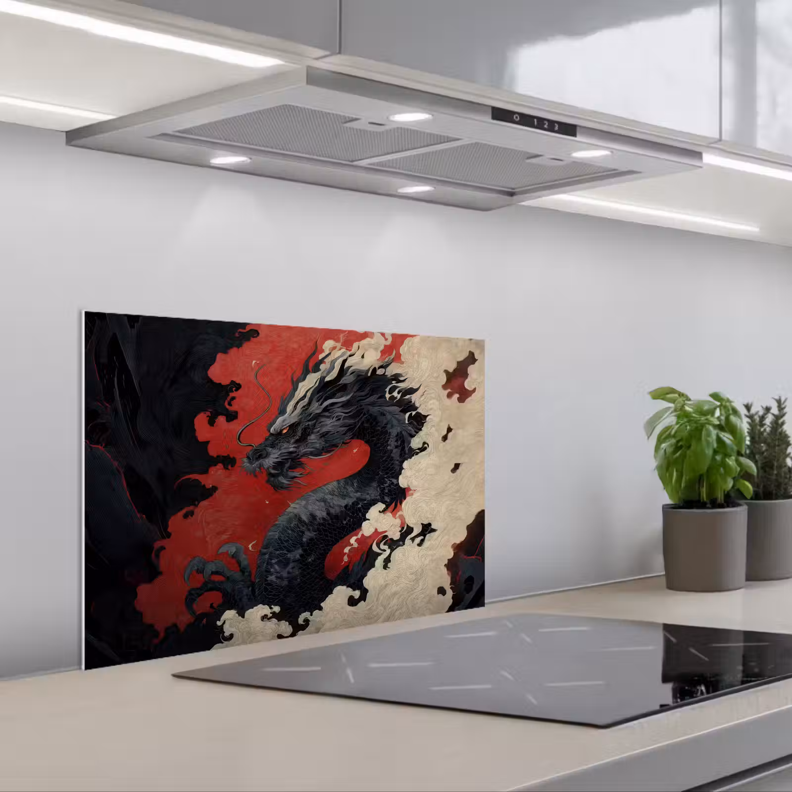 Kitchen splashback for hob - Black dragon - Smoke clouds - Red — 1
