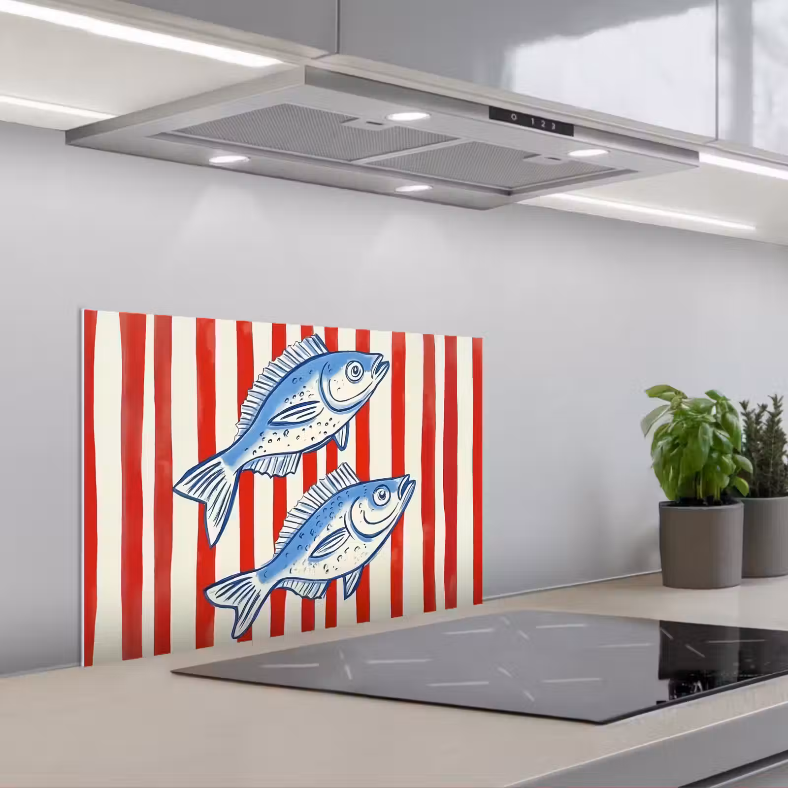 Kitchen splashback for hob - Fish - Vertical stripes - Blue - Red — 1