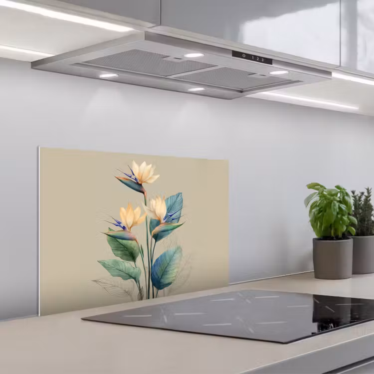 Kitchen splashback for hob - Bird of paradise flowers - Blue-green leaves - Beige — 1