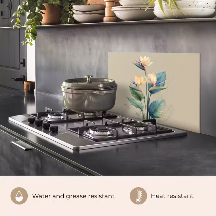 Kitchen splashback for hob - Bird of paradise flowers - Blue-green leaves - Beige — 2