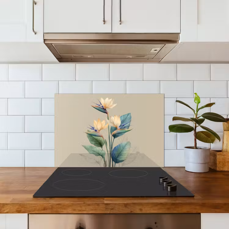 Kitchen splashback for hob - Bird of paradise flowers - Blue-green leaves - Beige — 3