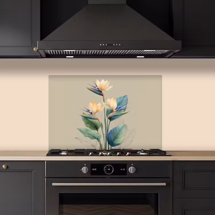 Kitchen splashback for hob - Bird of paradise flowers - Blue-green leaves - Beige — 5