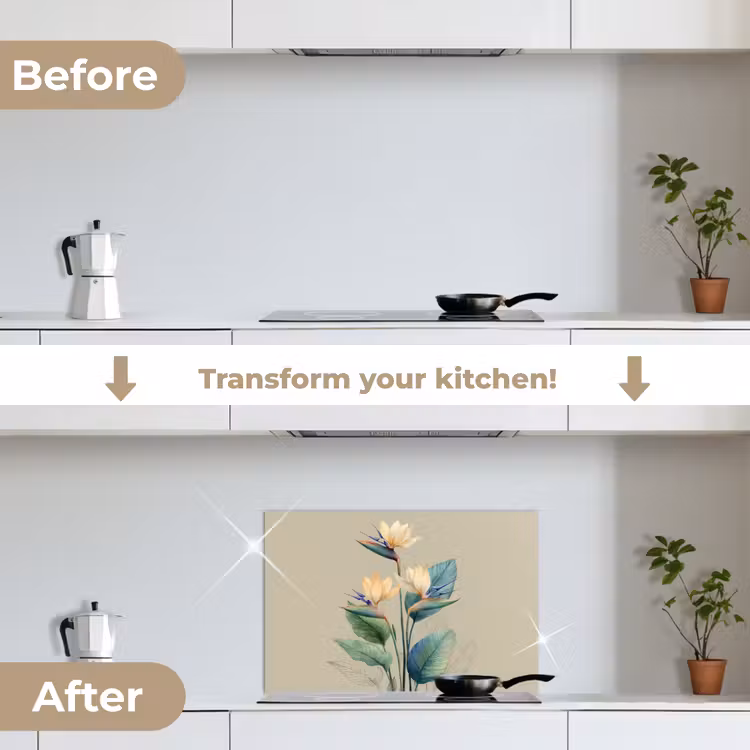 Kitchen splashback for hob - Bird of paradise flowers - Blue-green leaves - Beige — 7