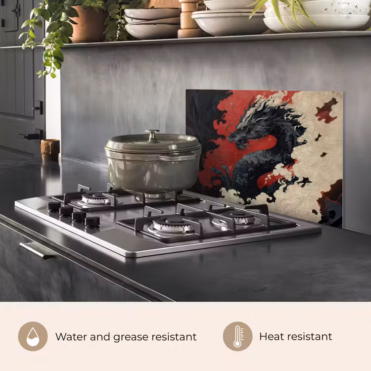Kitchen splashback for hob - Black dragon - Smoke clouds - Red — 2