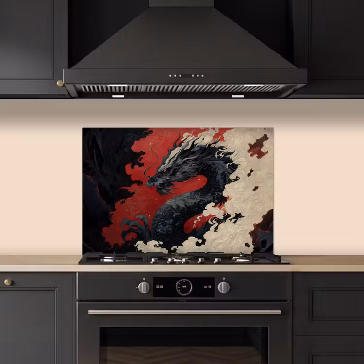 Kitchen splashback for hob - Black dragon - Smoke clouds - Red — 5