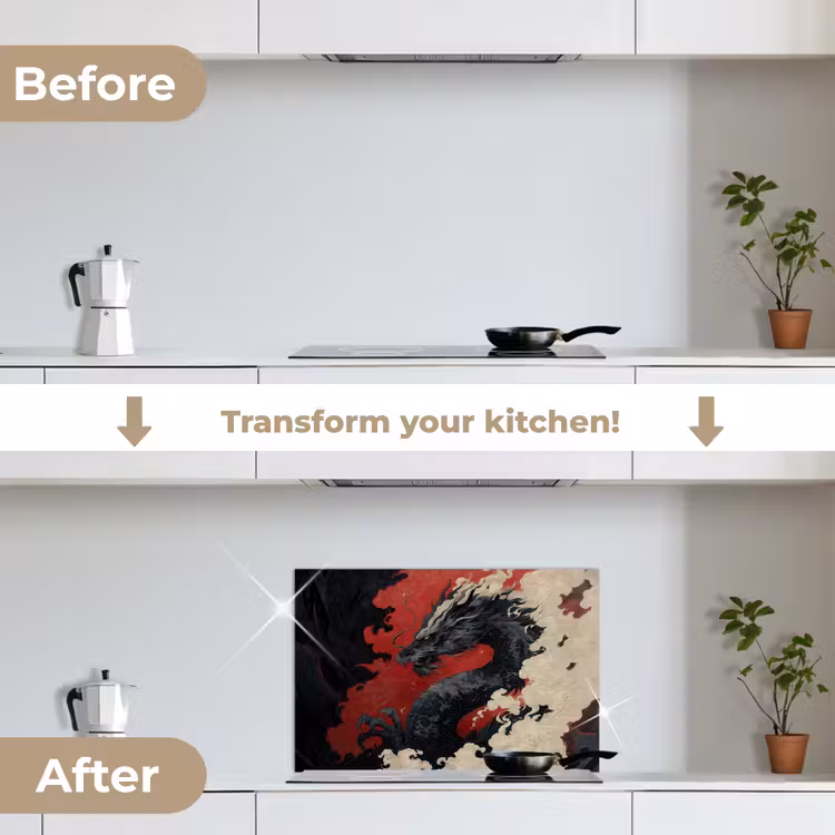 Kitchen splashback for hob - Black dragon - Smoke clouds - Red — 7