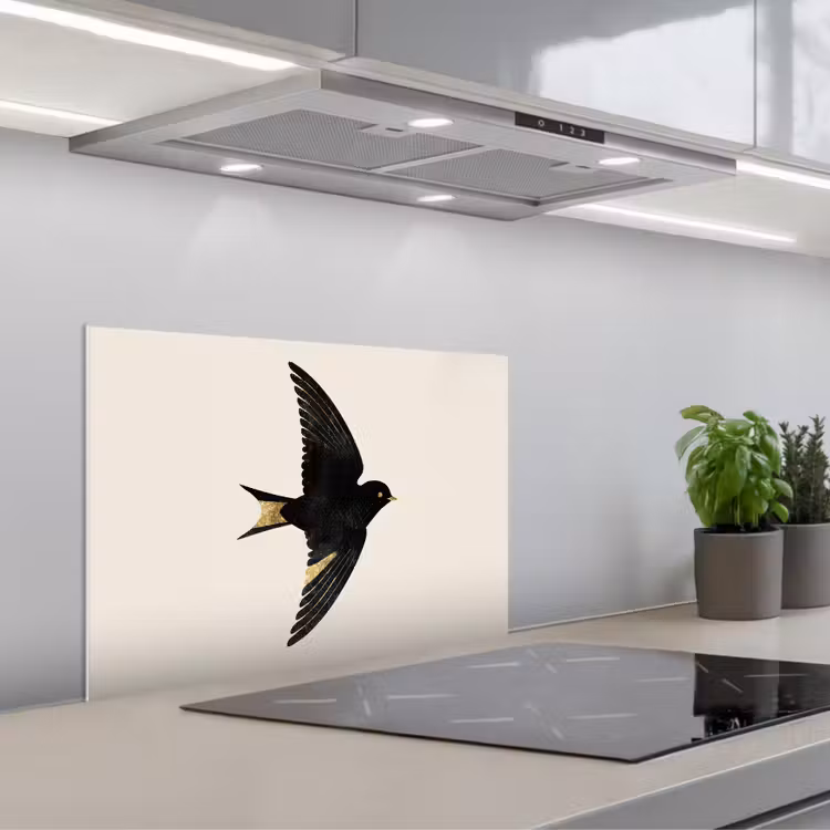 Kitchen splashback for hob - Black swallow - Gold accents - Light background — 1