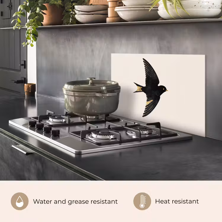 Kitchen splashback for hob - Black swallow - Gold accents - Light background — 2