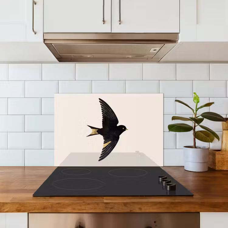 Kitchen splashback for hob - Black swallow - Gold accents - Light background — 3