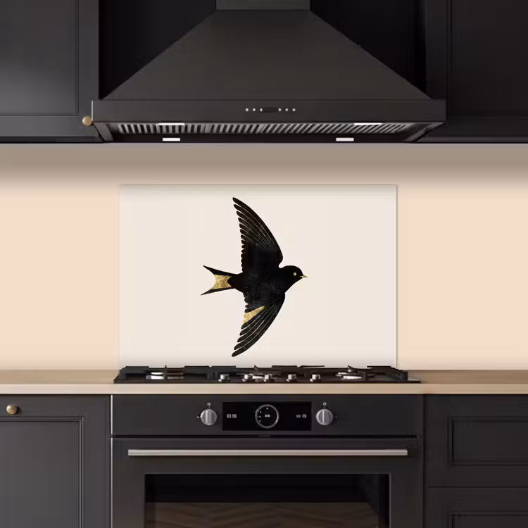 Kitchen splashback for hob - Black swallow - Gold accents - Light background — 5