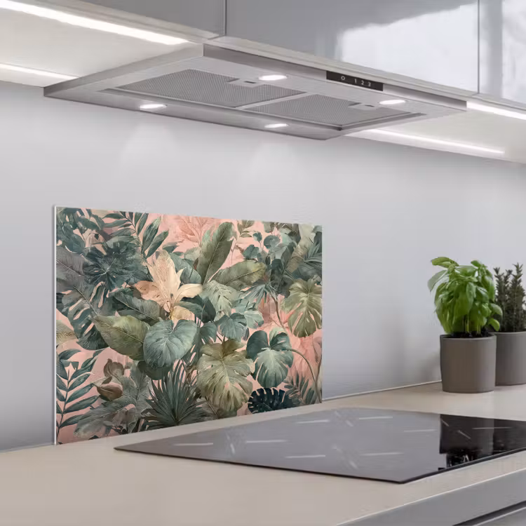 Kitchen splashback for hob - Composition of leaves - Green - Pink — 1