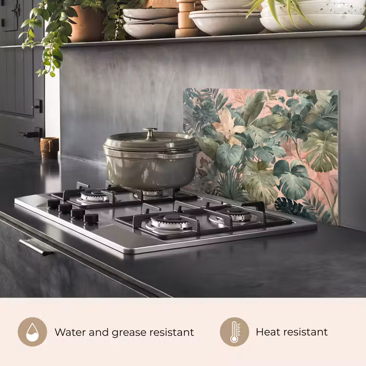 Kitchen splashback for hob - Composition of leaves - Green - Pink — 2