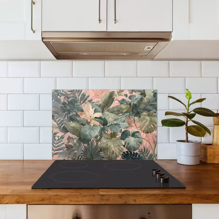 Kitchen splashback for hob - Composition of leaves - Green - Pink — 3