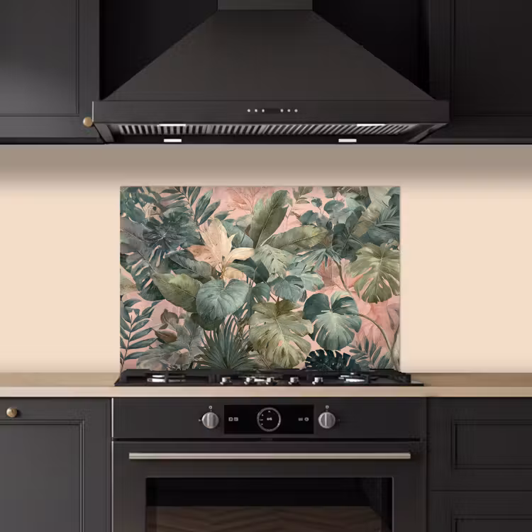 Kitchen splashback for hob - Composition of leaves - Green - Pink — 5