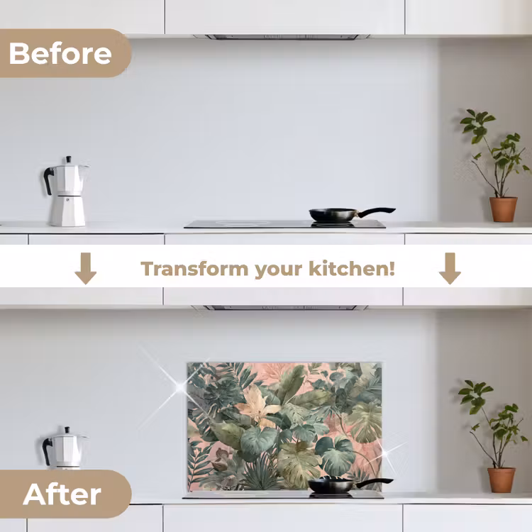 Kitchen splashback for hob - Composition of leaves - Green - Pink — 7