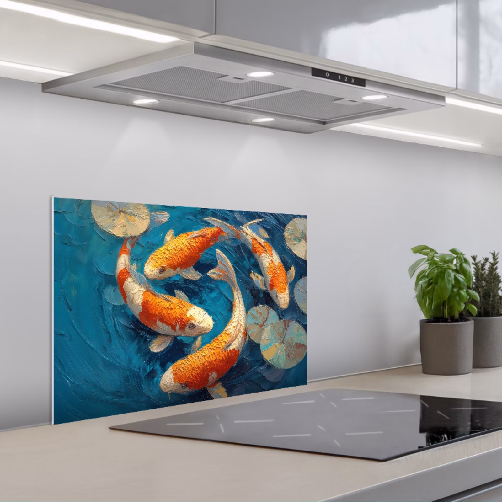 Kitchen splashback for hob - Fish - Water lilies - Orange - Water — 1