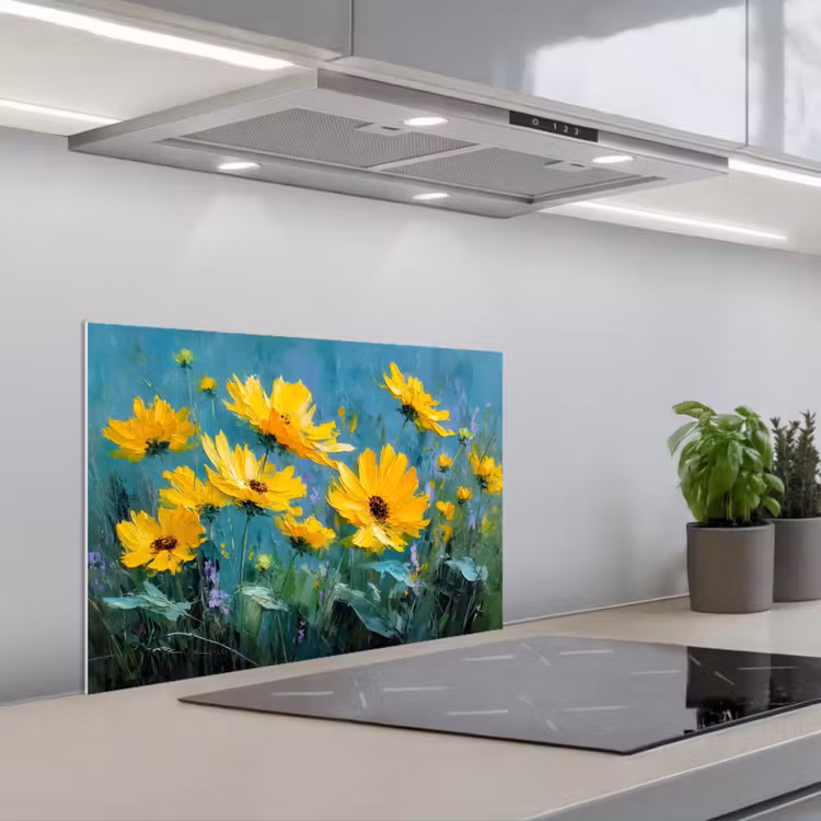 Kitchen splashback for hob - Brush strokes - Flowers - Bright yellow - Abstract — 1