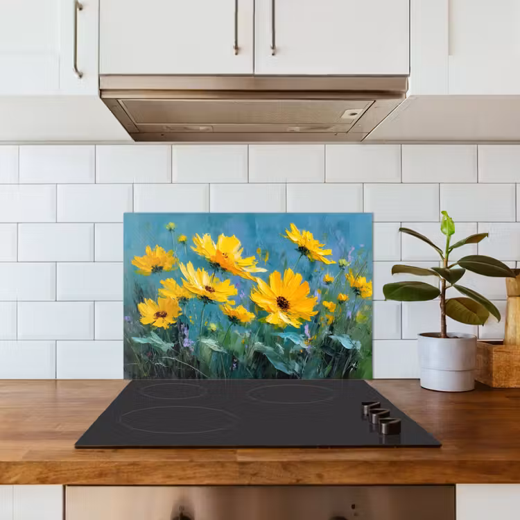 Kitchen splashback for hob - Brush strokes - Flowers - Bright yellow - Abstract — 3