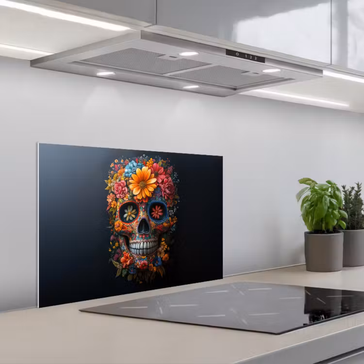 Kitchen splashback for hob - Flowers - Colorful - Skull — 1